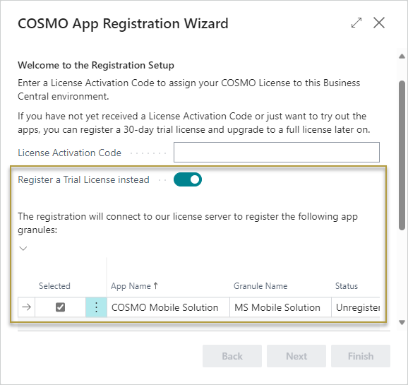 COSMO App Registration Wizard with Trial License