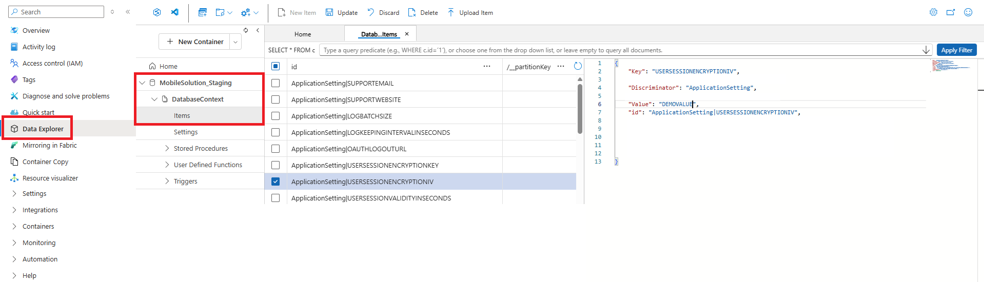 CosmosDB Data Explorer