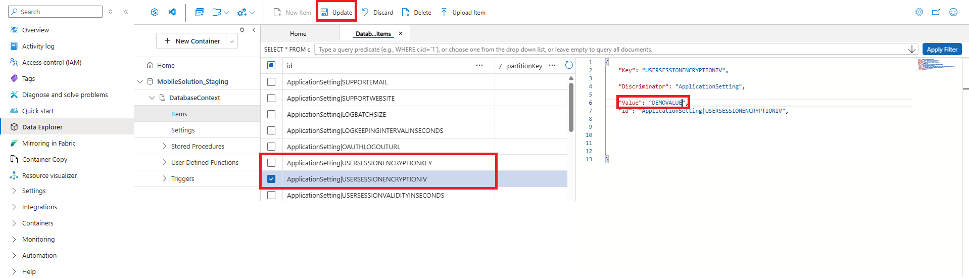 CosmosDB Update Item