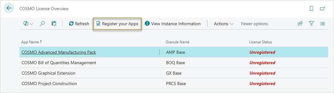 COSMO License Overview with app COSMO License Overview