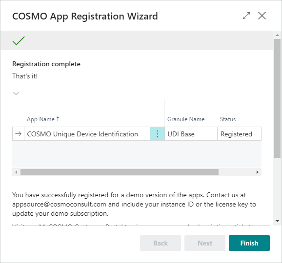 COSMO App Registration Wizard Finished