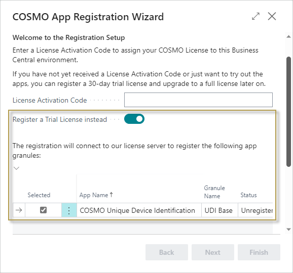 COSMO App Registration Wizard with Trial License